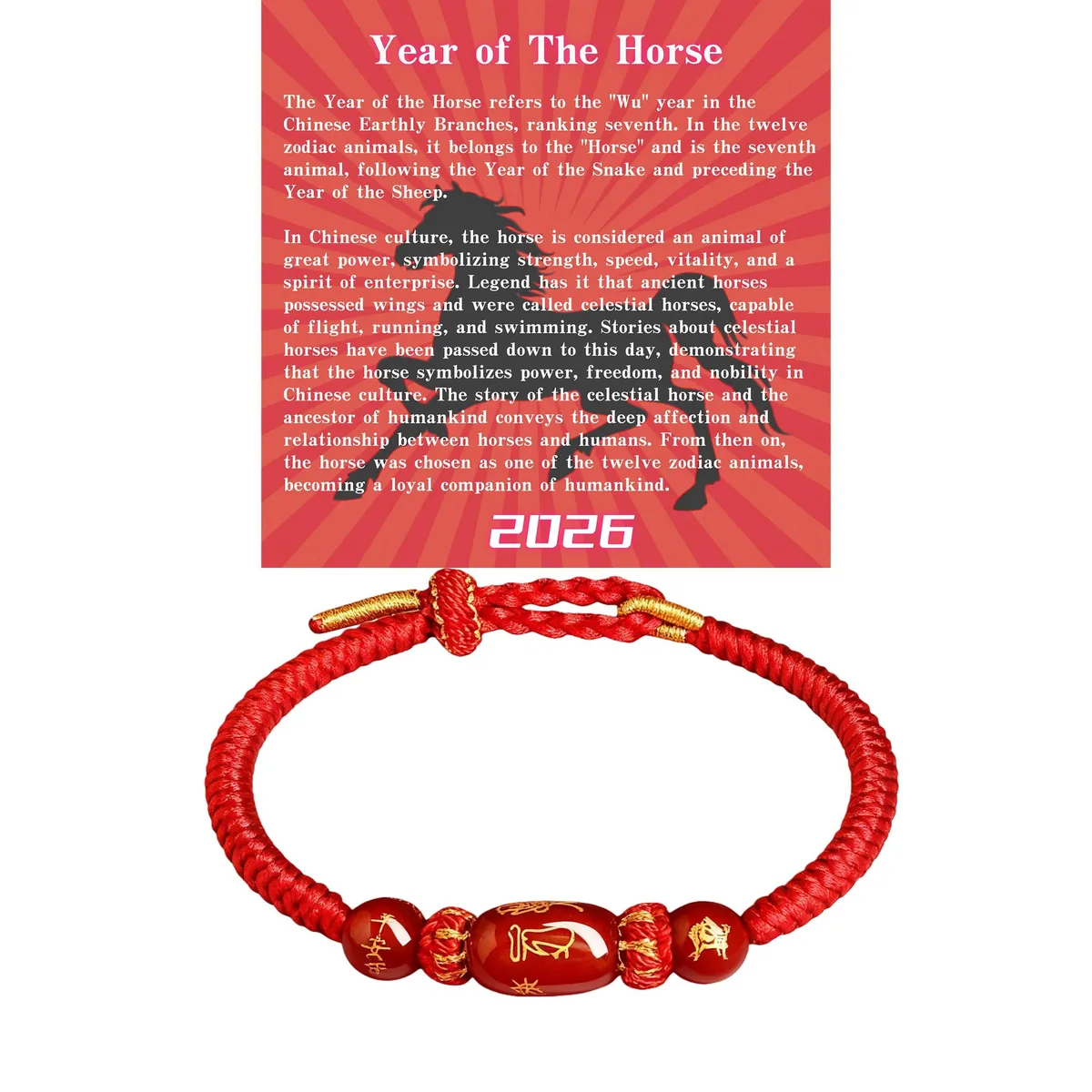 Red braided cord bracelet with horse-themed beads and adjustable string closure