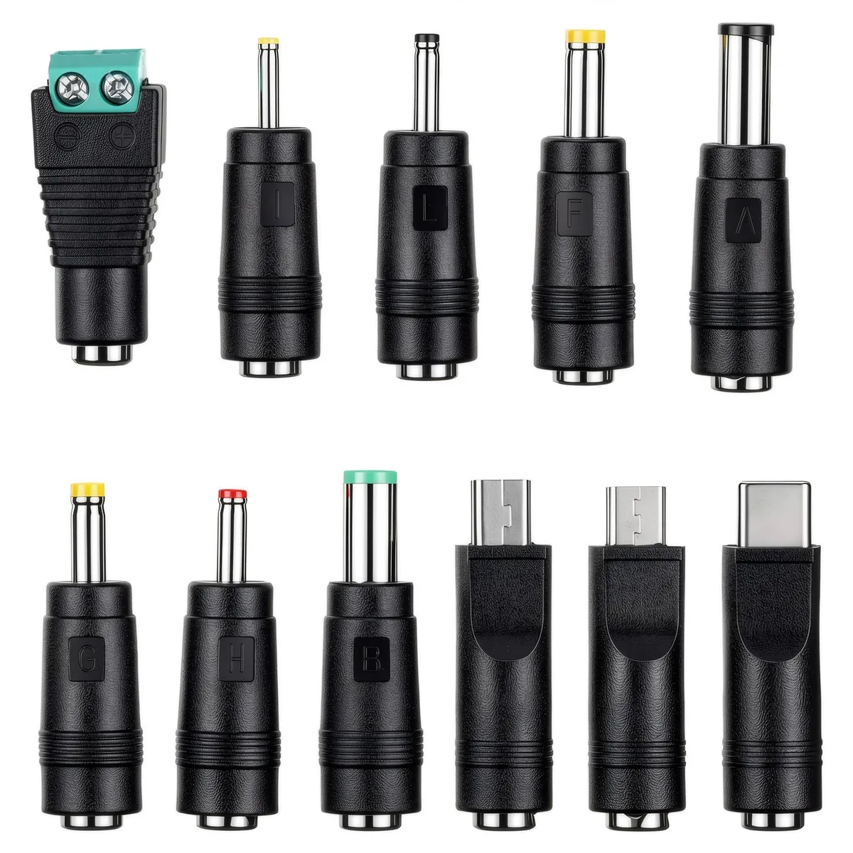 Eleven black barrel connectors with 5.5 mm x 2.1 mm female bases