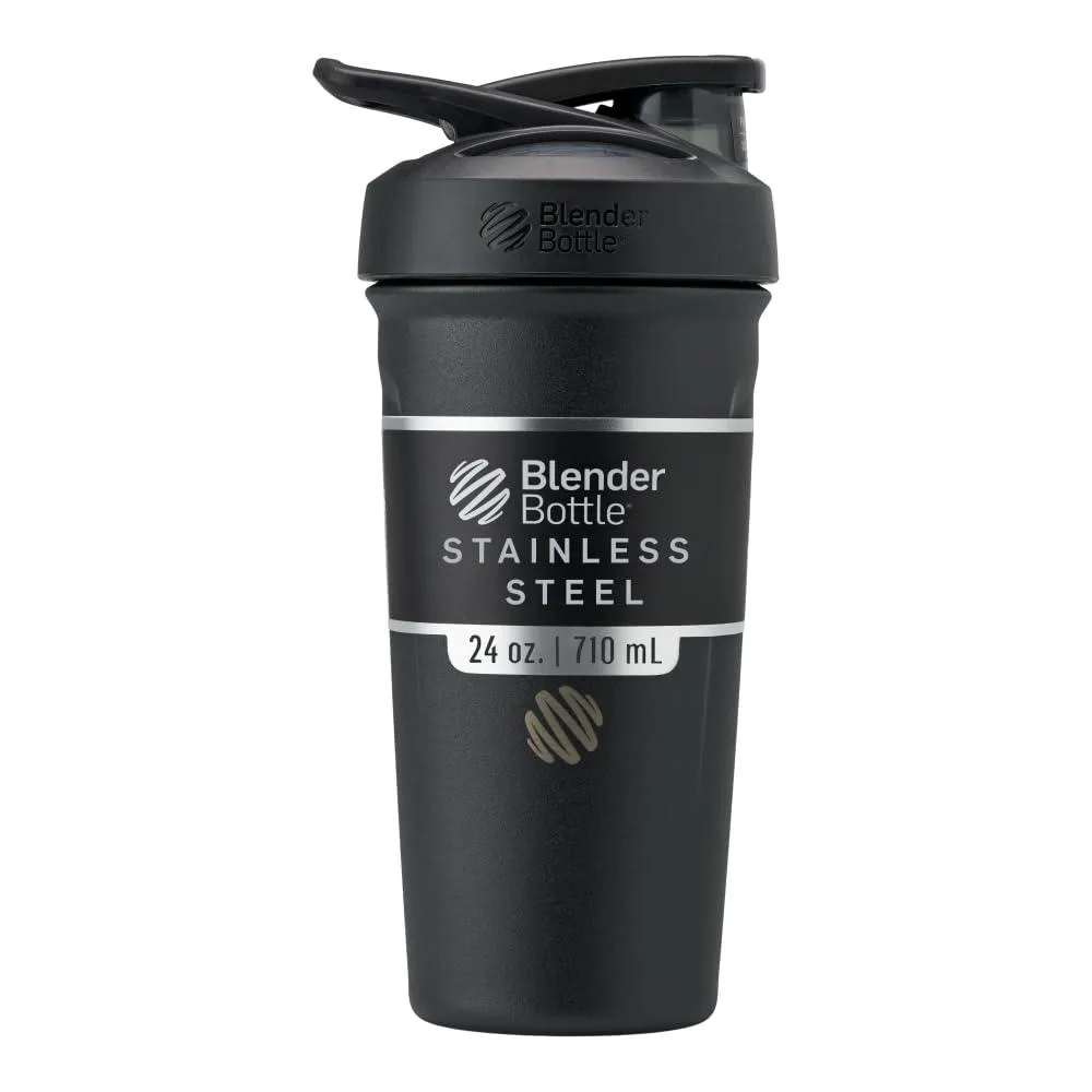 Black stainless steel shaker bottle with carry loop and wire whisk