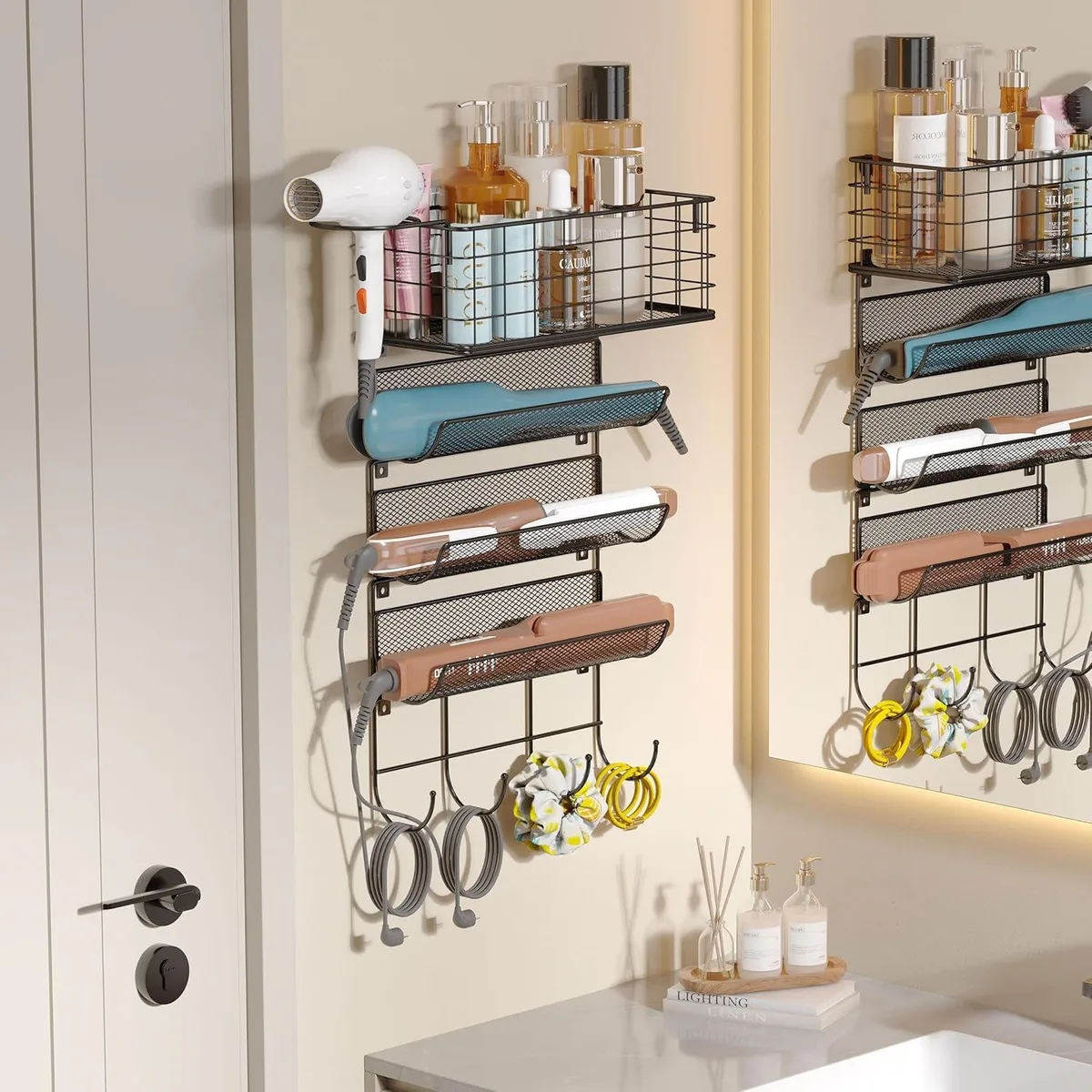 Black four-tier wall-mounted wire rack with basket, hooks and hair dryer ring