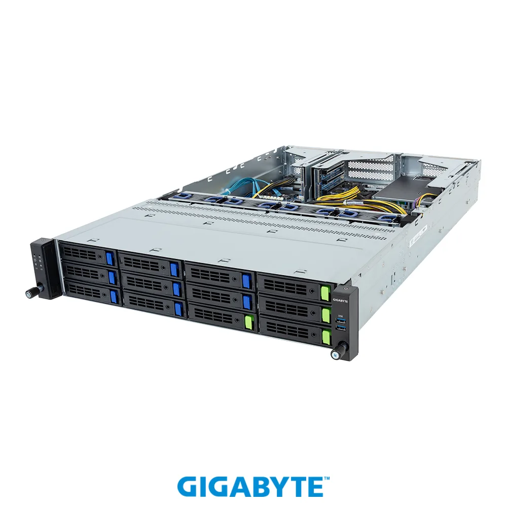 GIGABYTE GIGABYTE R264-S33-AAL1 barebone server 16 DIMM 4 NVMe SATA SAS bays 8 SATA SAS bays 3 GPU — product photo