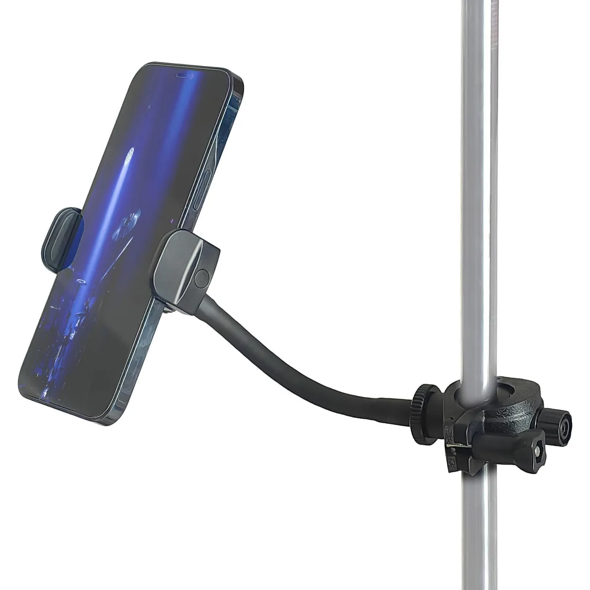 Black flexible gooseneck phone holder with rotatable clamp, 6.3 in long