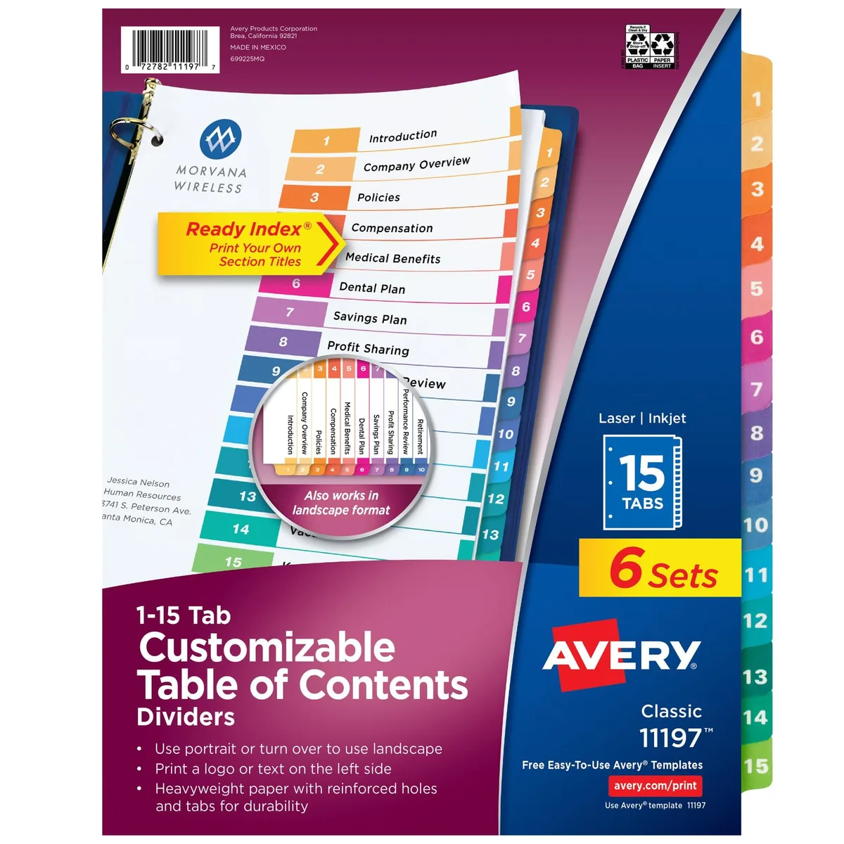 Six sets of fifteen multicolor paper tab dividers with reinforced holes and tabs, 8.5 by 11 inches