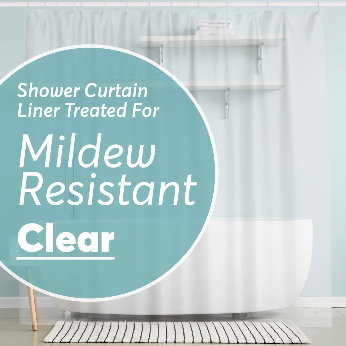 Clear rectangular PEVA shower curtain 182.88 cm square with metal grommets and weighted hem