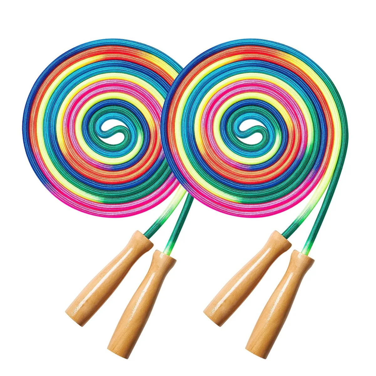 Two 16ft rainbow nylon skipping ropes with smooth wooden handles and adjustable buckles in a drawstring bag