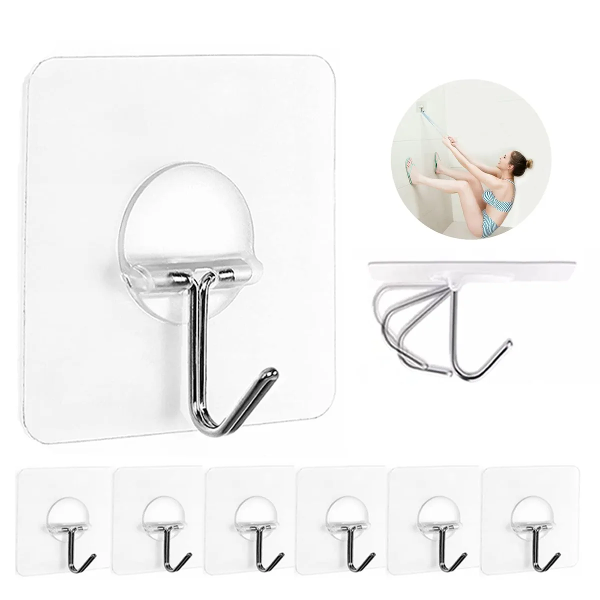 Eight clear 2.48-inch adhesive hooks with stainless steel bases