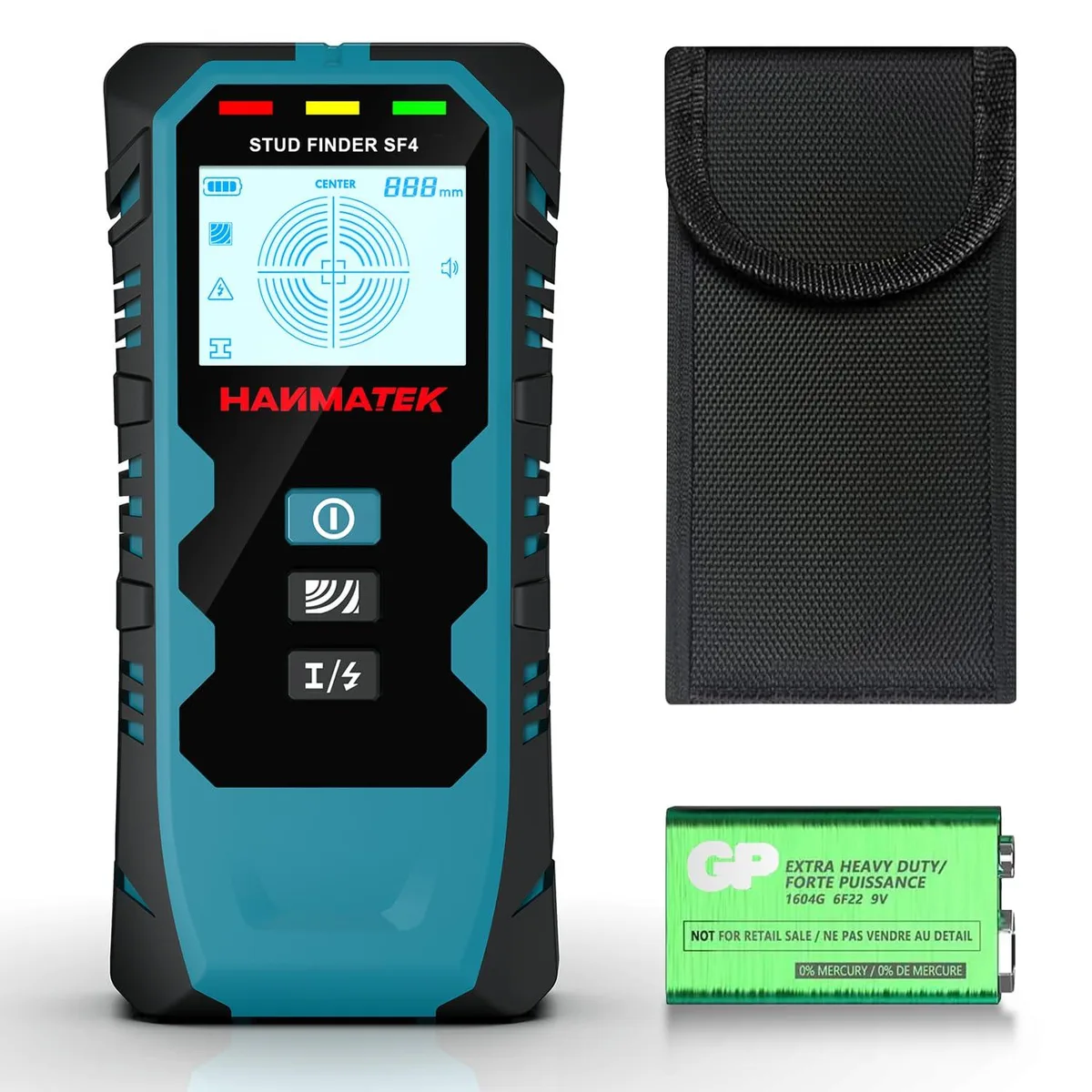 Handheld stud finder with backlit LCD screen and sensor face