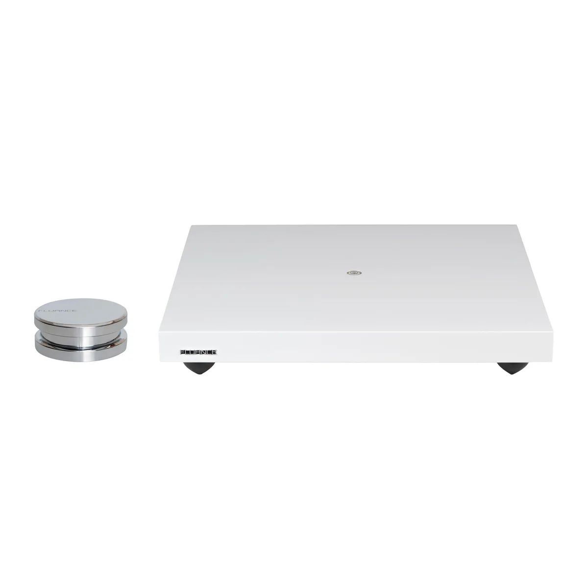 White MDF isolation base with adjustable feet and bubble level, plus a record weight stabilizer on top