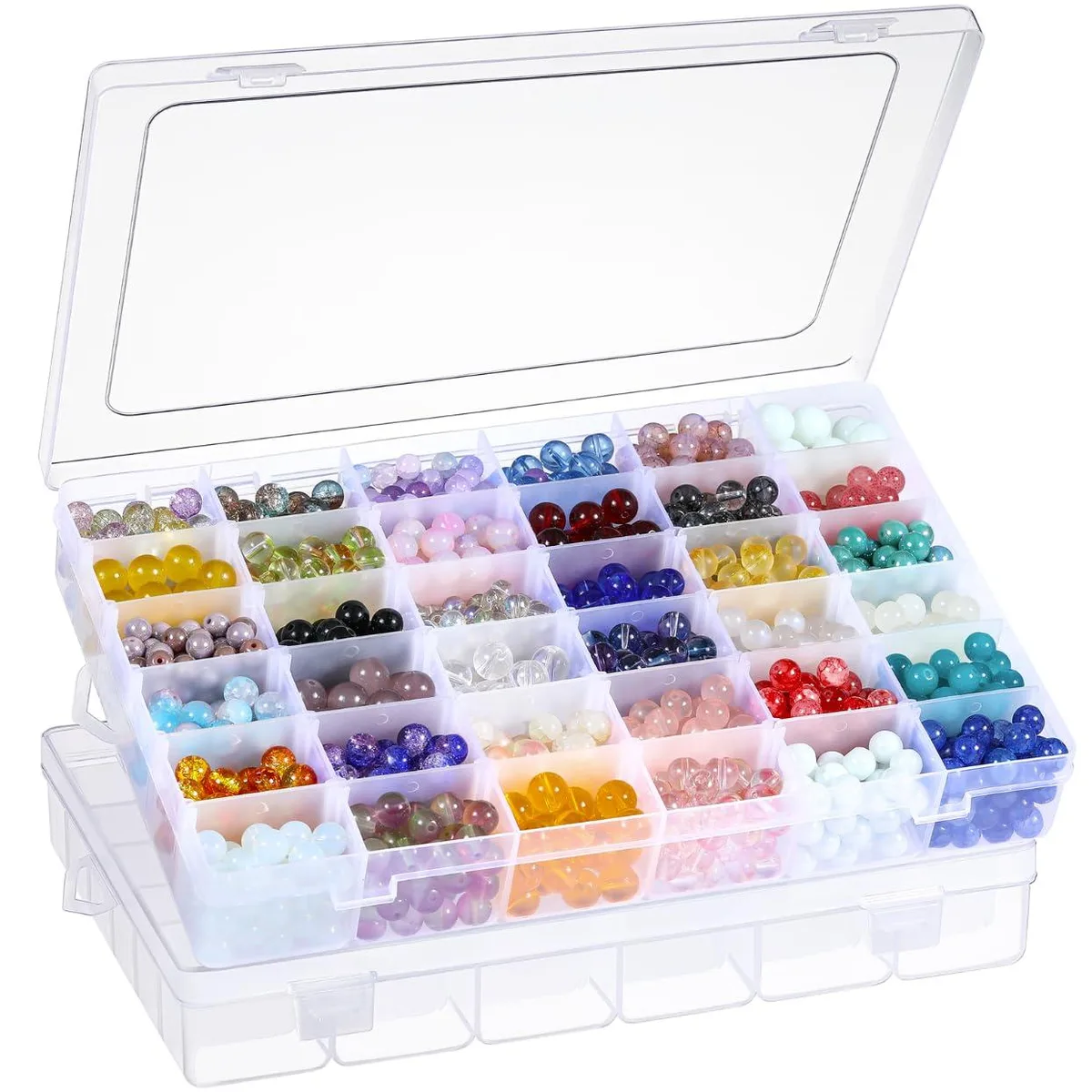 Two clear rectangular plastic boxes with 36 adjustable compartments each, snap latches, 10.7 by 6.9 by 1.7 inches
