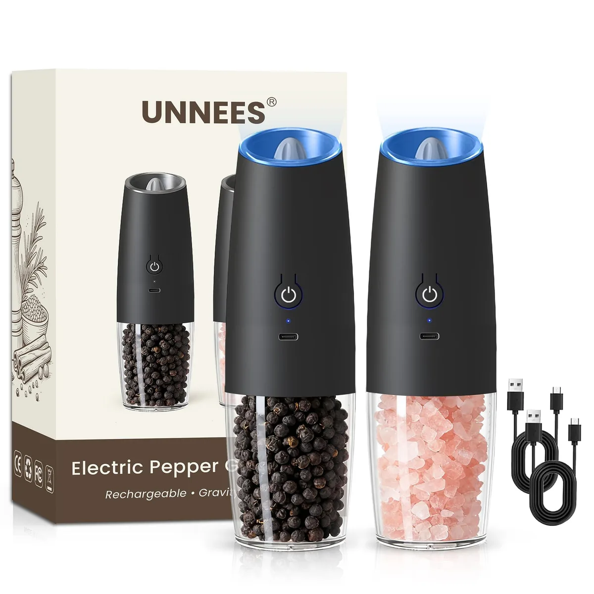 UNNEES Rechargeable Electric Salt And Pepper Grinder Set 2 Pcs Black 150ml .73kg — product photo