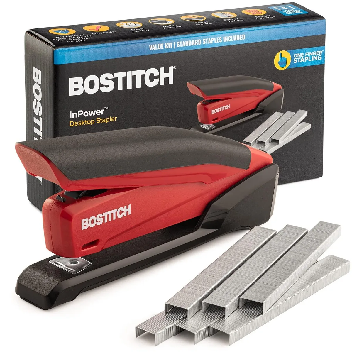 Red plastic heavy-duty stapler with integrated remover and staple storage