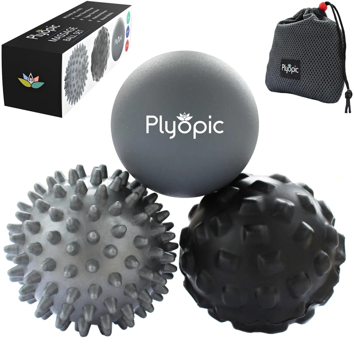 Three gray rubber massage balls in a set, two smooth and one spiky, with a carrying bag