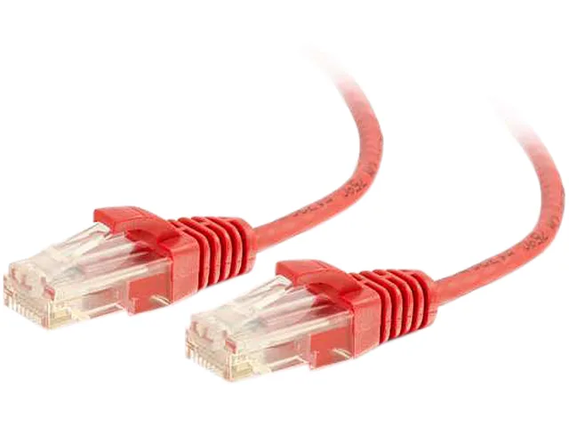 Red slim Cat6 ethernet cable with RJ45 connectors, 3 feet long