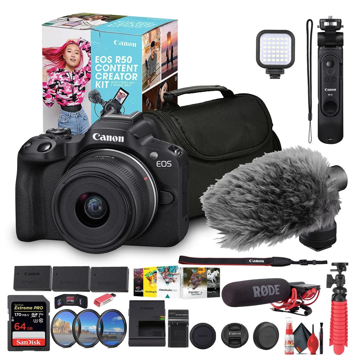 Canon Canon EOS R50 18-45mm f/4.5-6.3 Creator Kit with 64GB Card &amp; Extras — product photo