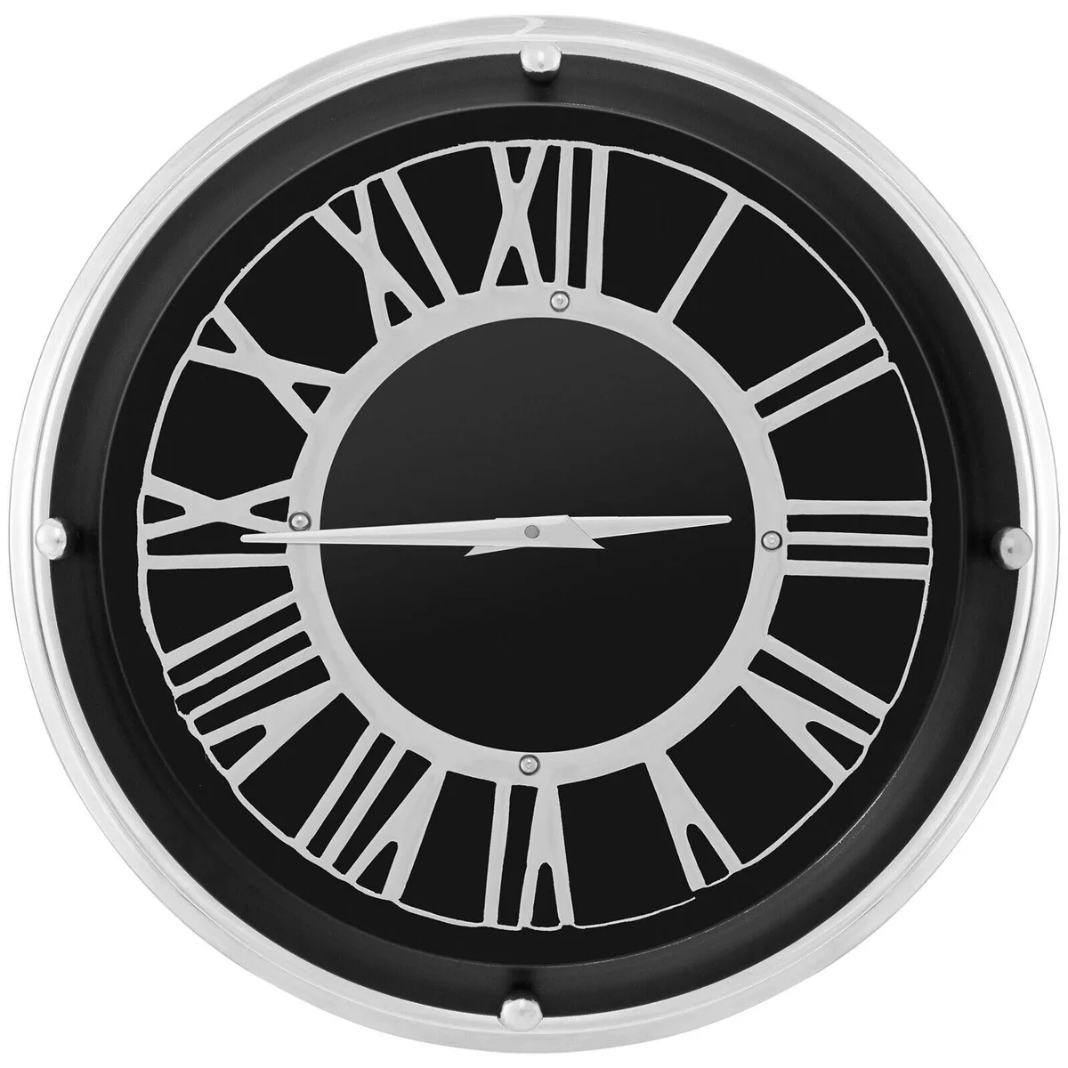 Round silver wall clock with stainless steel frame, glass face, black numerals, silent quartz movement