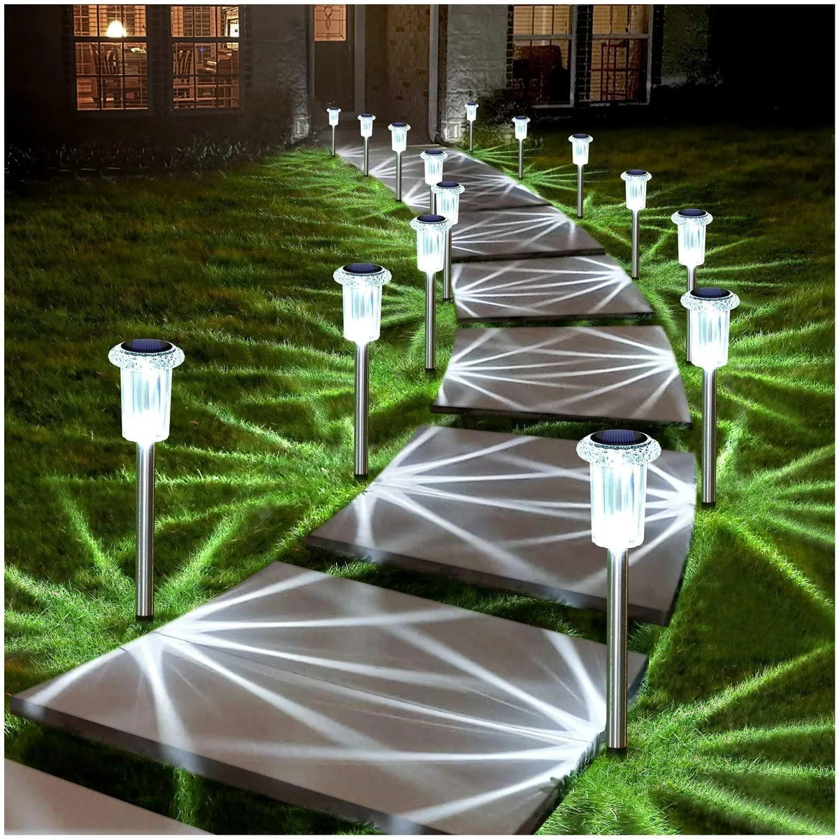 Twelve stainless steel stake lights with diamond-textured acrylic heads