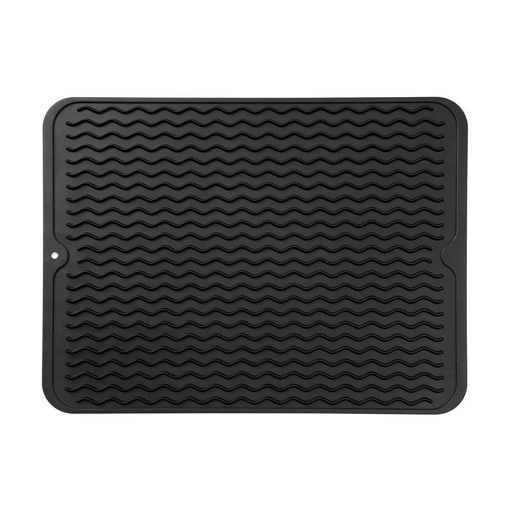 Black silicone drying mat with raised ridges, 16 by 12 inches