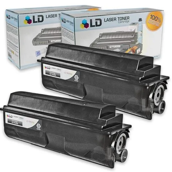 Two new black toner cartridges in white boxes side by side