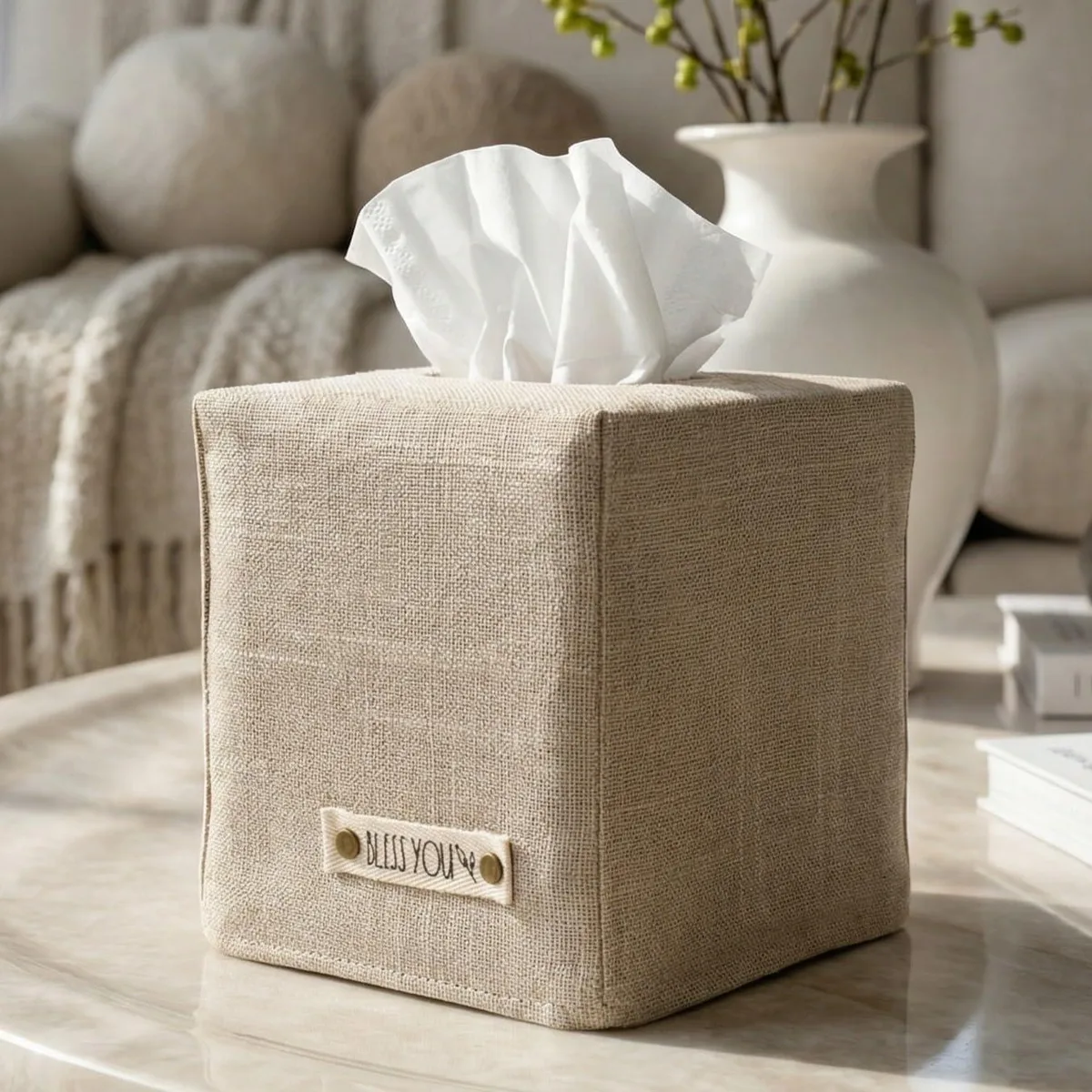 Beige linen cube cover with bless you tag