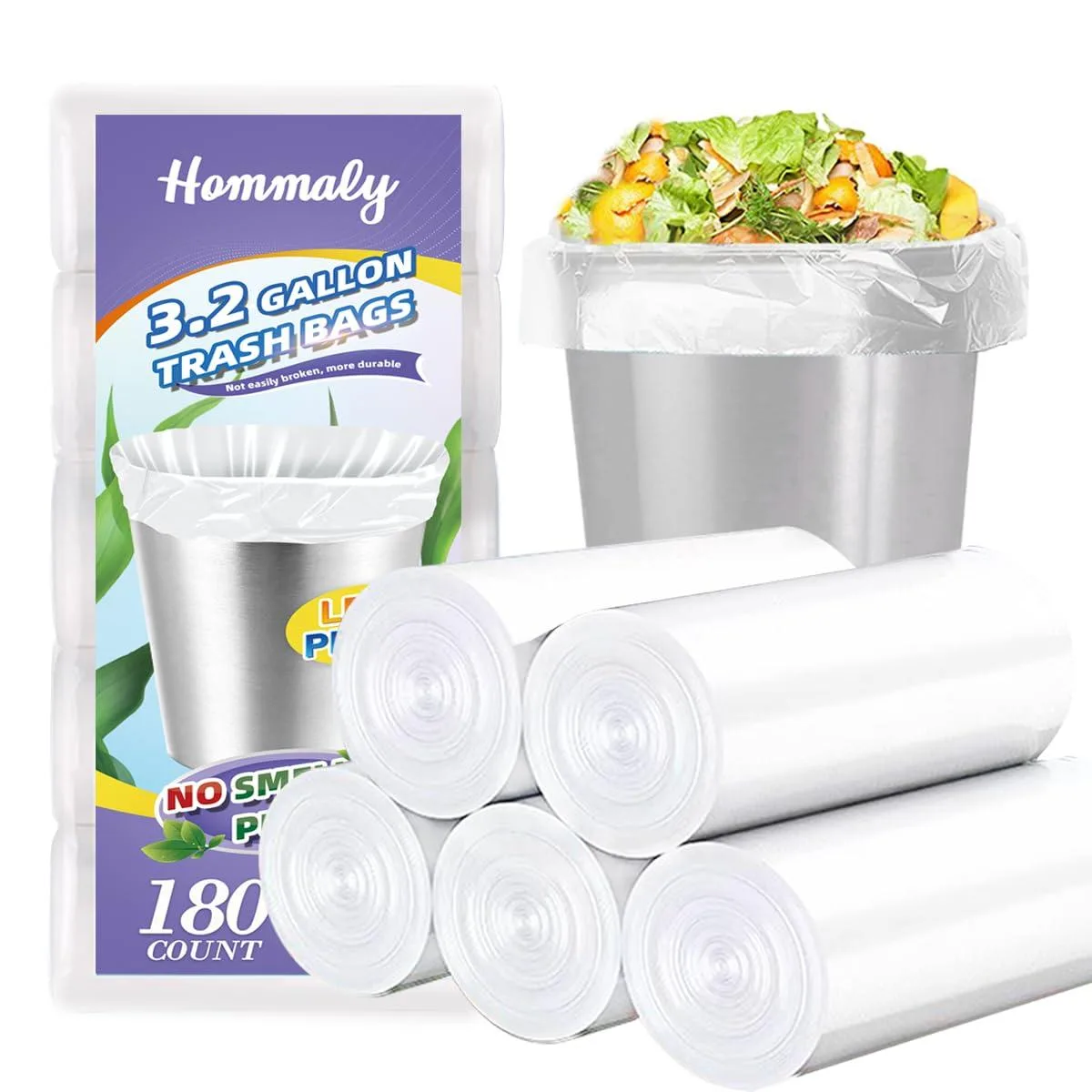 Clear plastic trash bags on a roll, 180-count pack