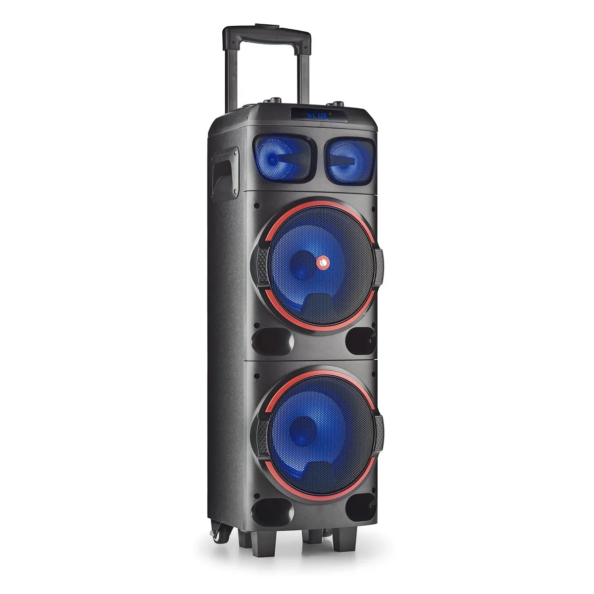 Black rectangular portable speaker with two 8-inch woofers and carry handle