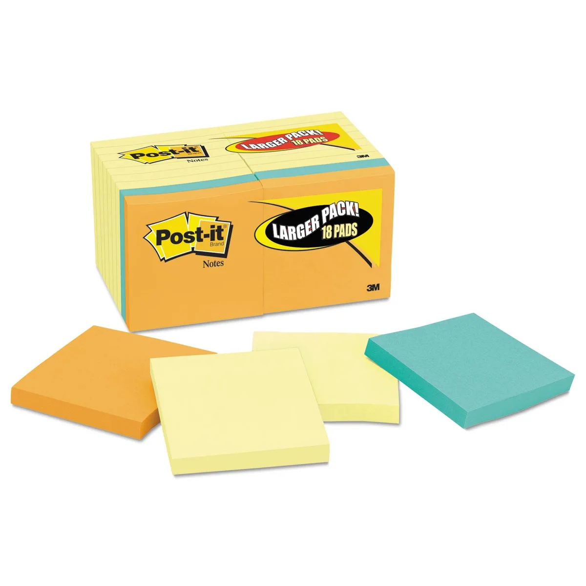 Eighteen square Post-it pads in a value pack box