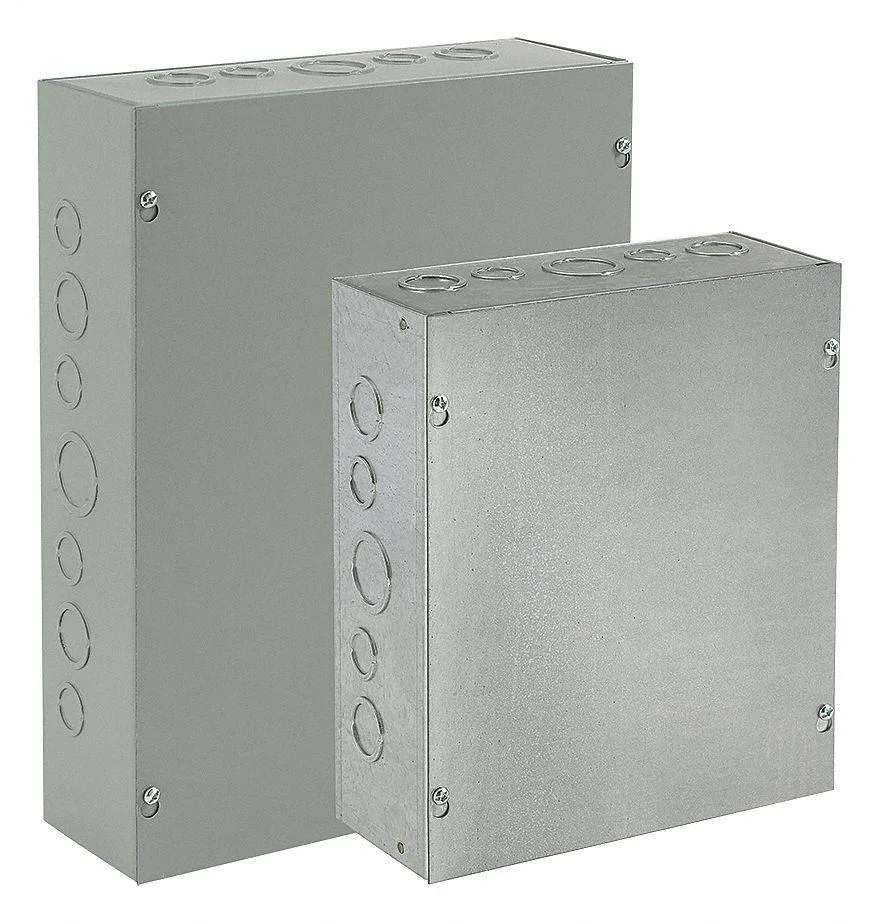 Gray galvanised steel electrical enclosure, 8 by 8 inches, screw-on solid cover