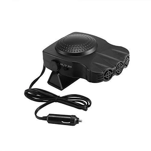 Black 12V car heater fan with three adjustable outlets and 360° rotating base