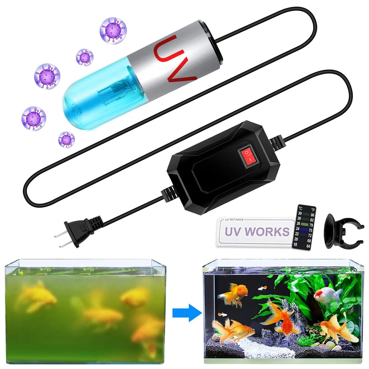 Small black cylindrical submersible UV lamp with power cord and controller