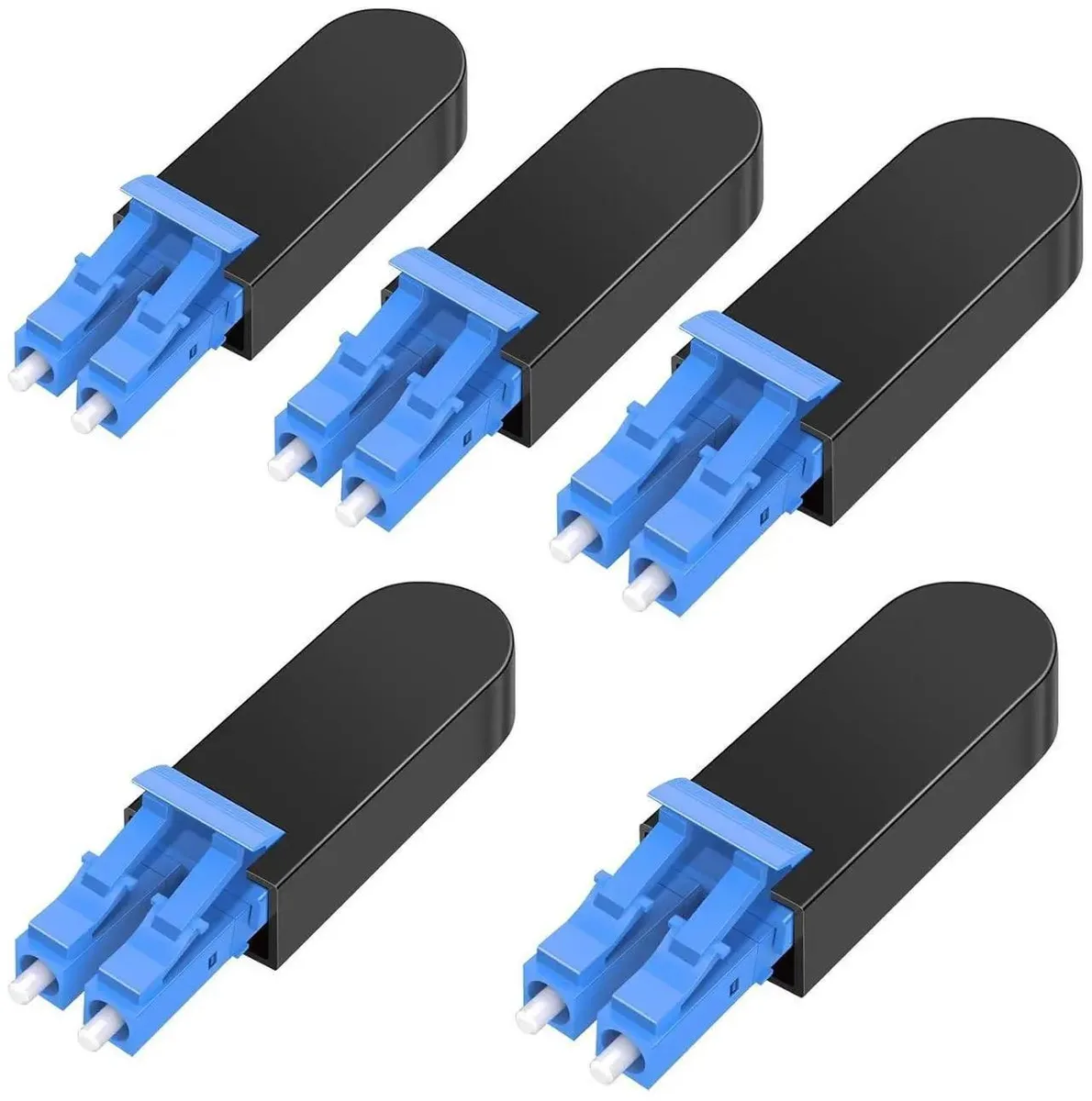 Five aqua duplex LC/UPC loopback plugs, OM3 50/125 multimode fibre