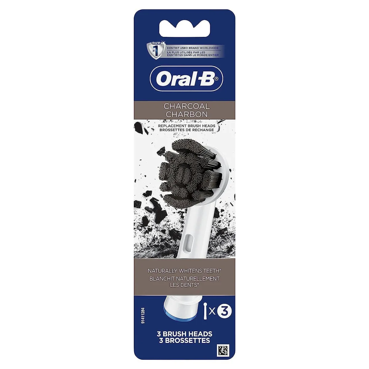 Three charcoal-infused round brush heads in coffee coloured packaging