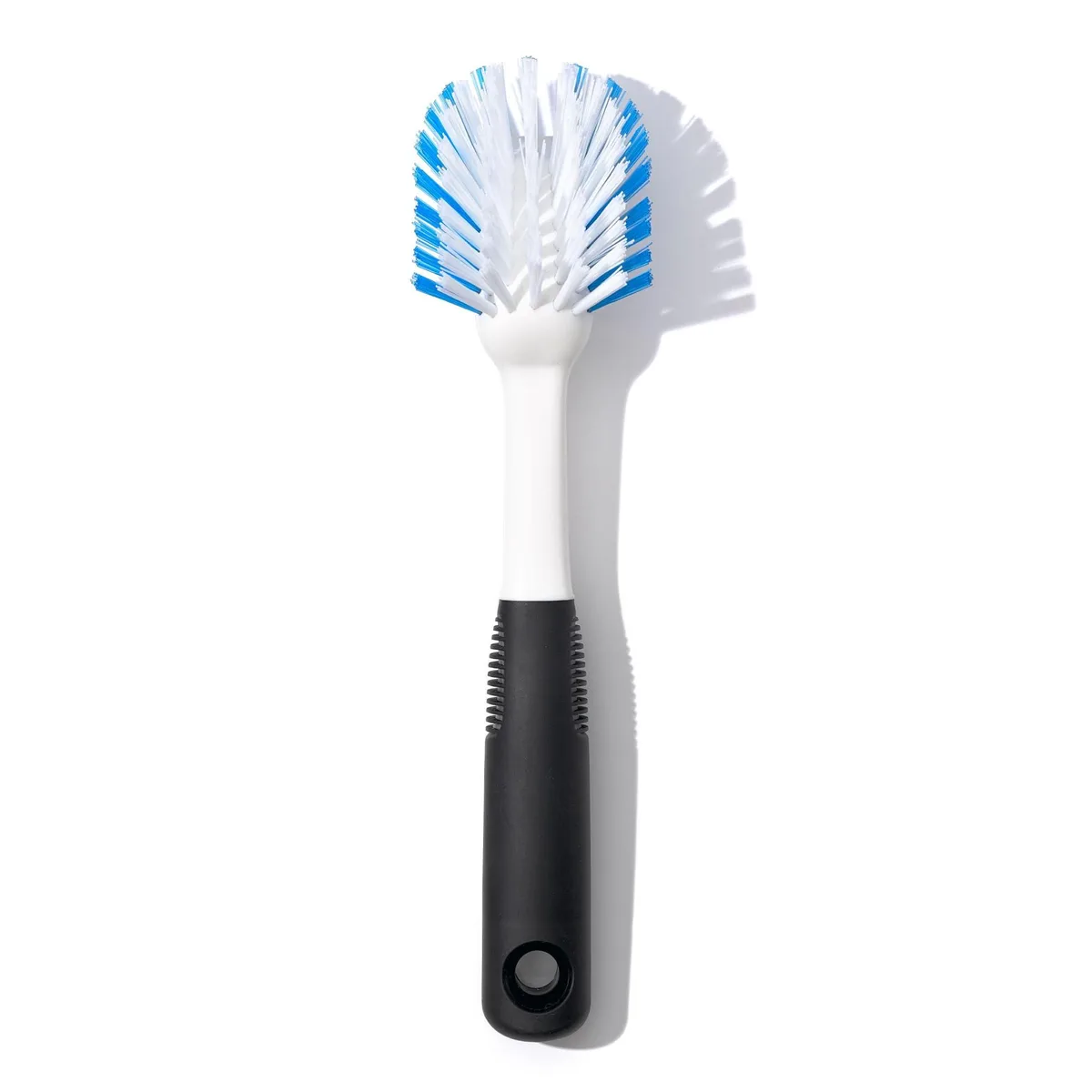 Black dish brush with flared nylon bristles, built-in scraper, non-slip handle