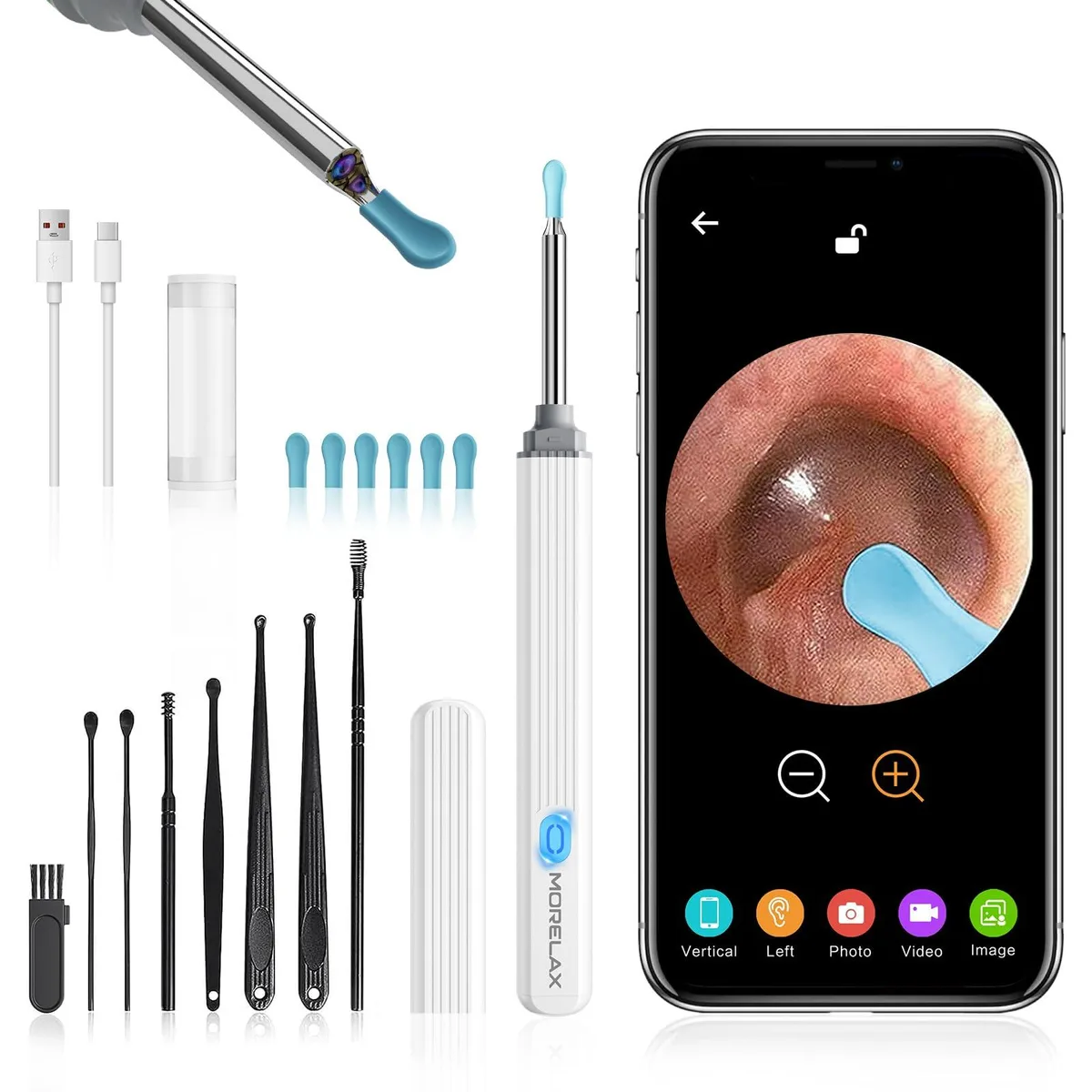 Azure ear wax removal tool with integrated 1080P camera and six LED lights