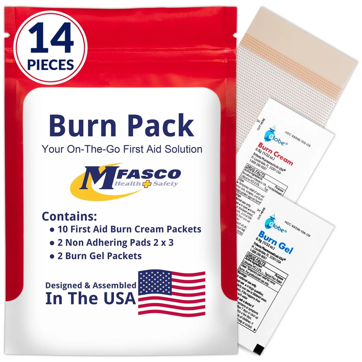 White portable first aid refill pack with 14 burn care items