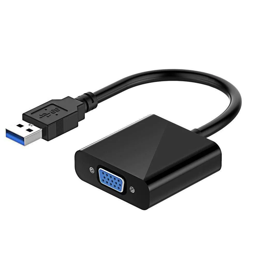 Compact USB 3.0 to VGA adapter, matte black finish, lightweight at .05 kg