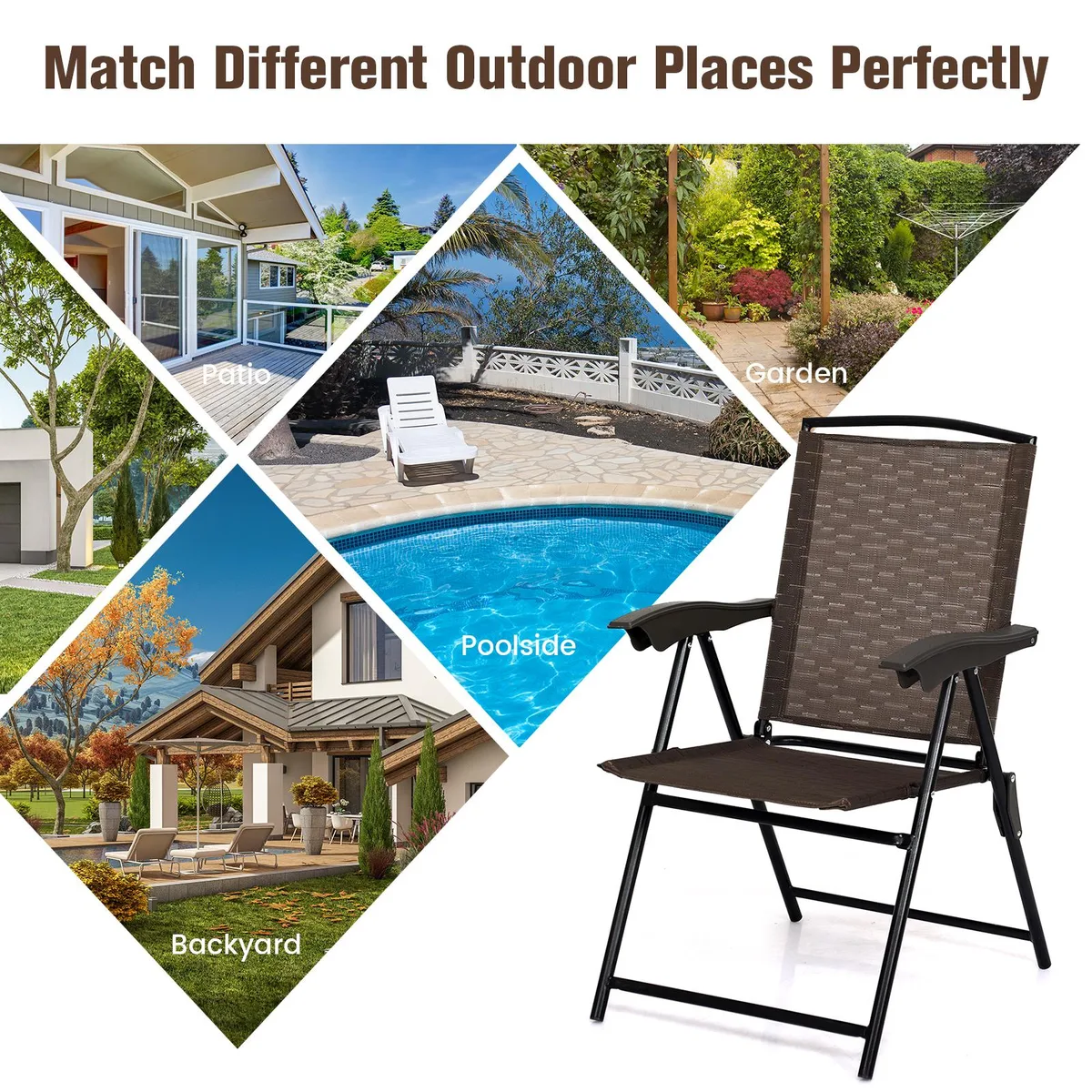 SlickBlue SlickBlue 4-Piece Folding Dining Chairs Brown Steel Armrests Sling Back — product photo