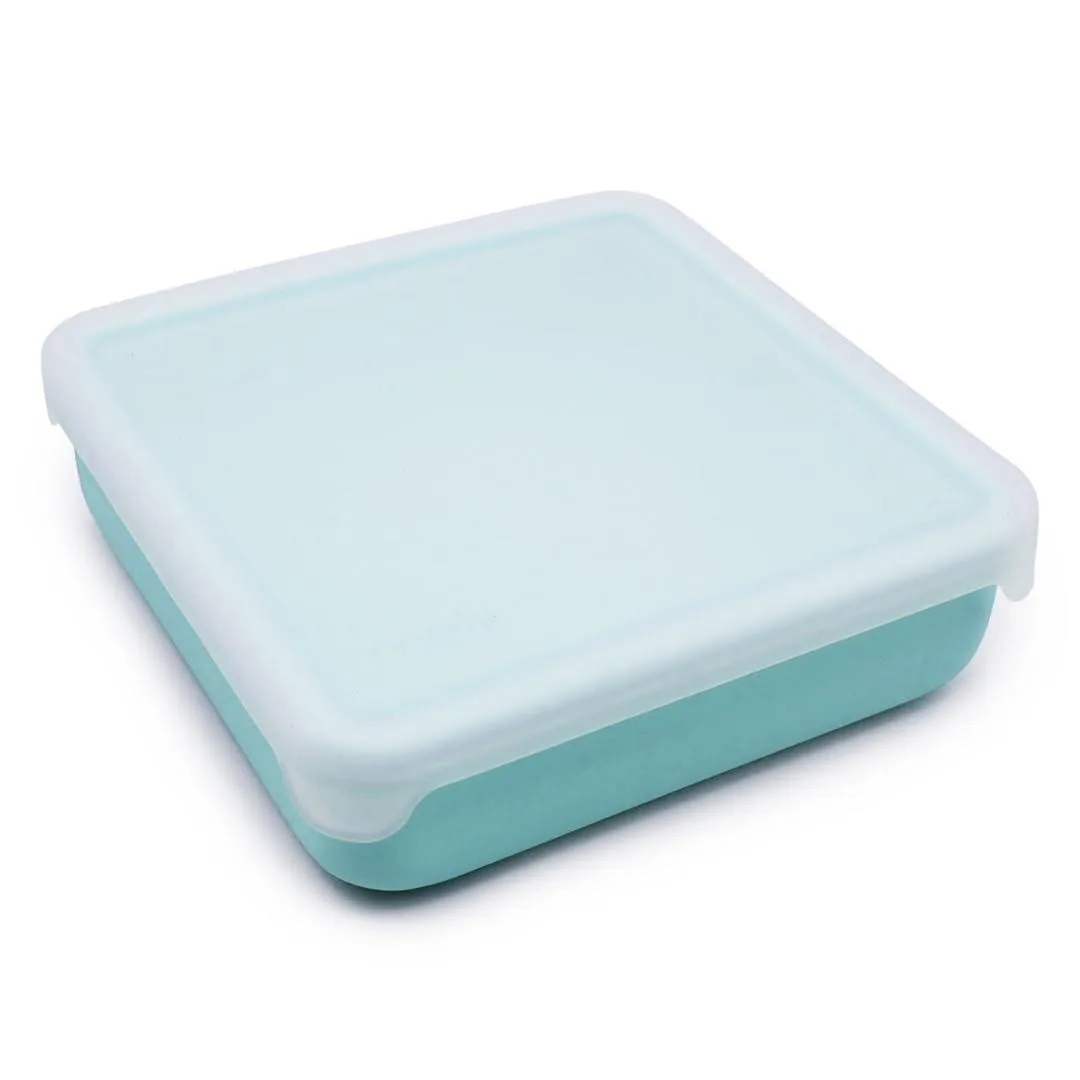 Red rectangular silicone food container with matching lid
