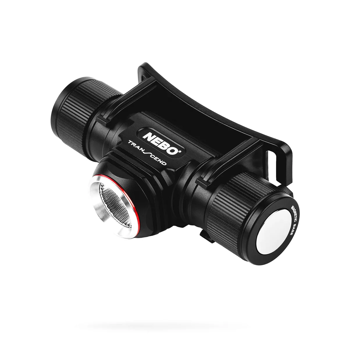 Black anodized aluminium headlamp with magnetic base and adjustable headband