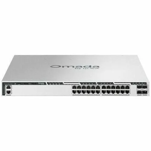 Black 1U rackmount network switch with twenty-four front ports and four uplinks