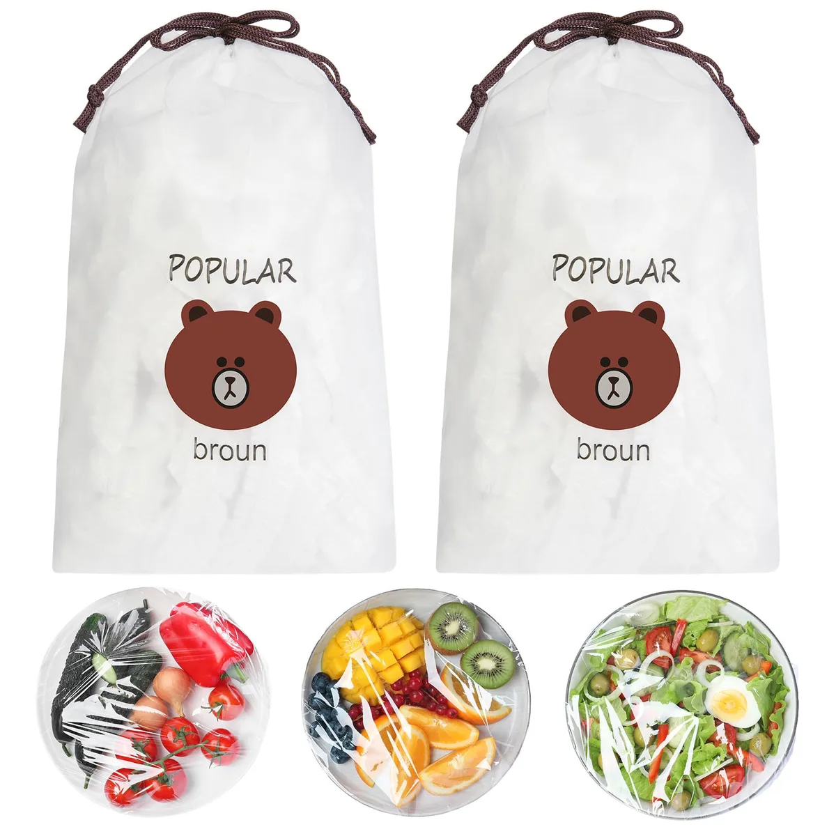 Pack of 200 transparent PE food storage bags with elastic openings and two storage pouches