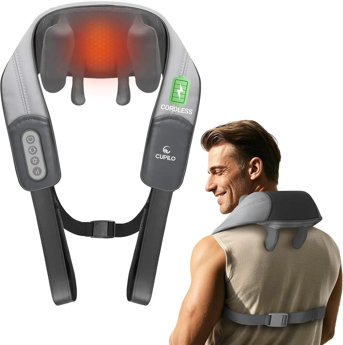 Gray wrap-around neck massager with adjustable strap and six massage heads