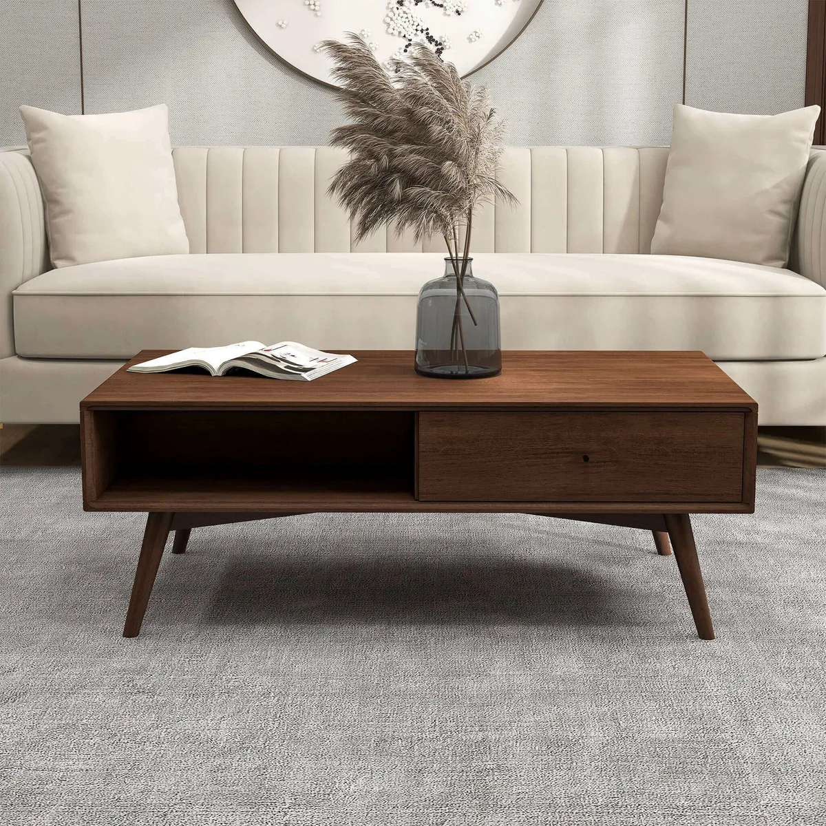 Rectangular walnut brown solid wood coffee table with tapered legs, low profile