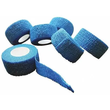 Six blue self-adherent bandage rolls in rectangular box