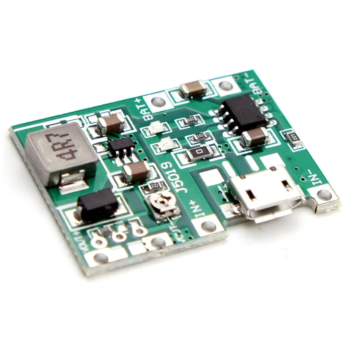 Small green circuit board with micro-USB port and adjustable boost converter components