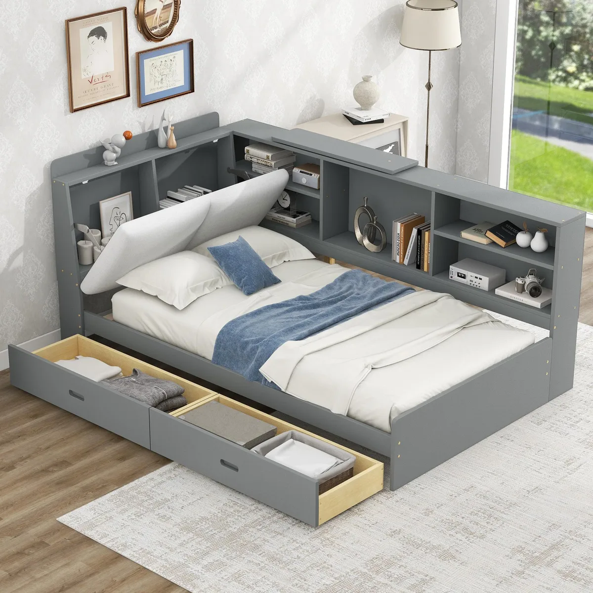 tuphen tuphen Twin platform bed with storage headboard, shelves, 2 drawers, Gray — product photo
