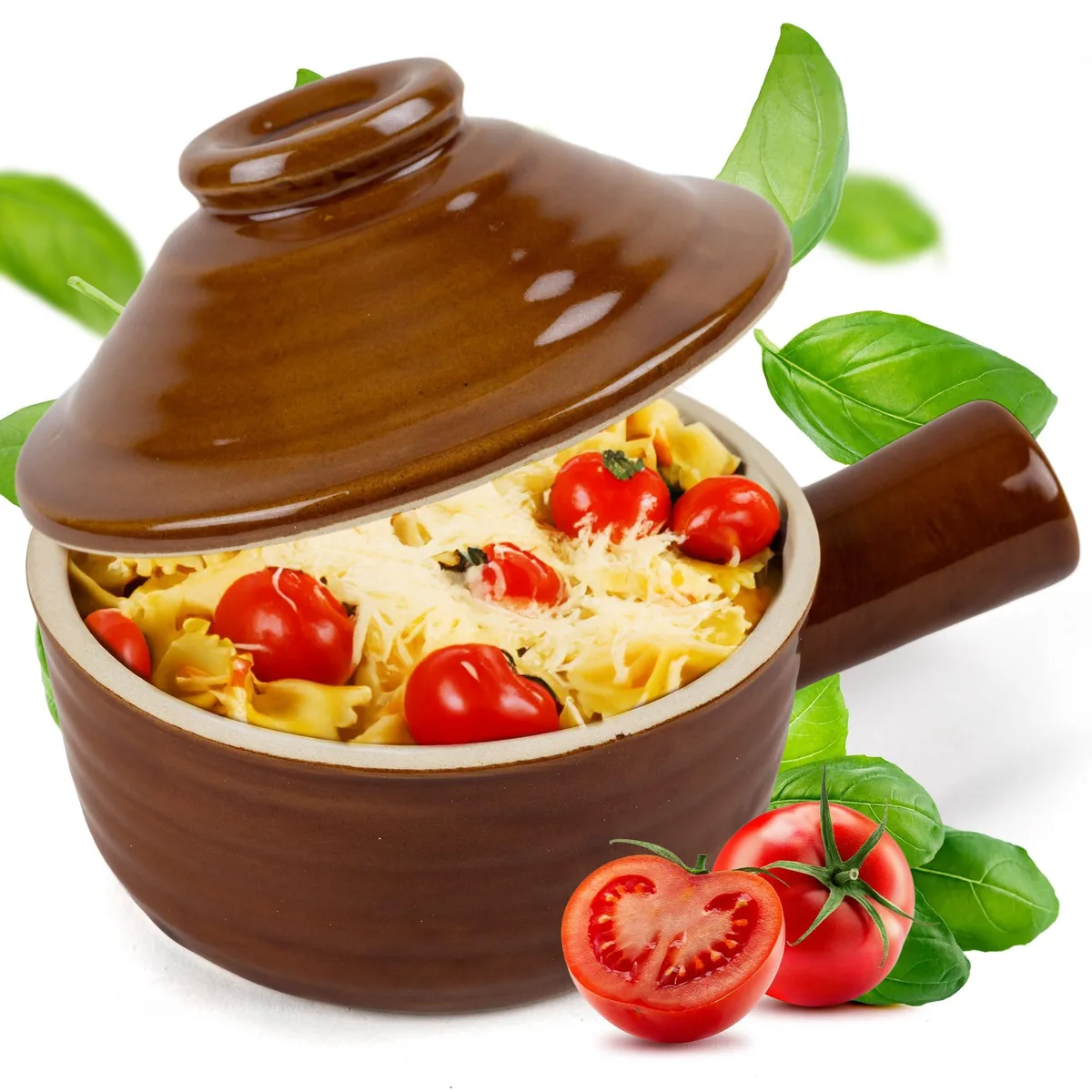 Brown ceramic microwave steamer with dome chimney lid and hollow handle, 12 oz capacity