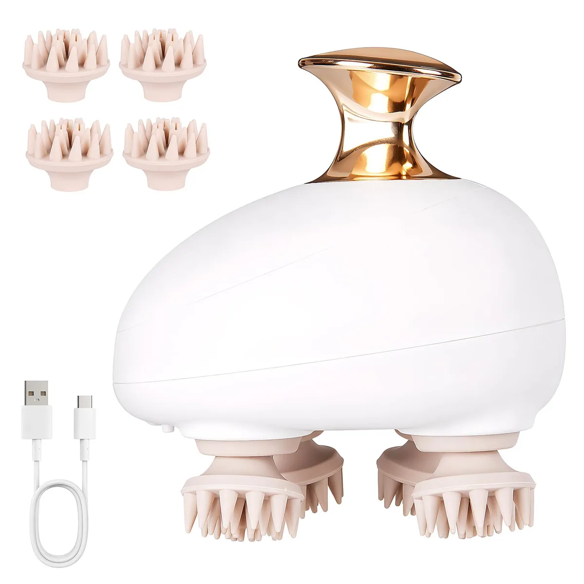 White electric scalp massager with four detachable silicone heads, oval shape, waterproof design
