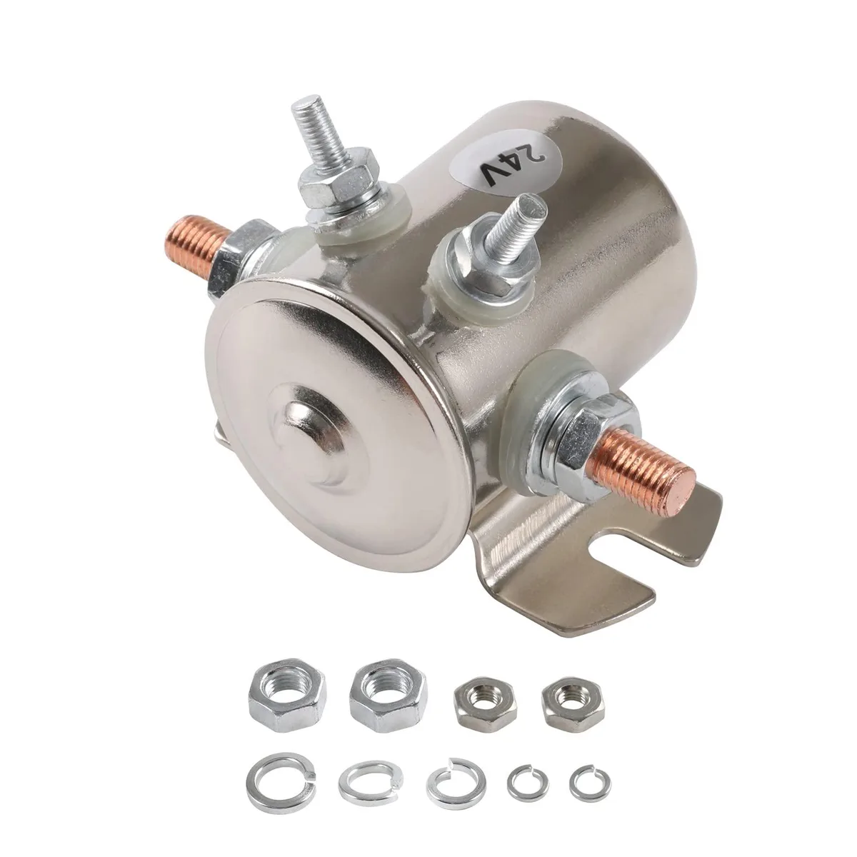 Rectangular silver solenoid relay with four copper studs and mounting bracket