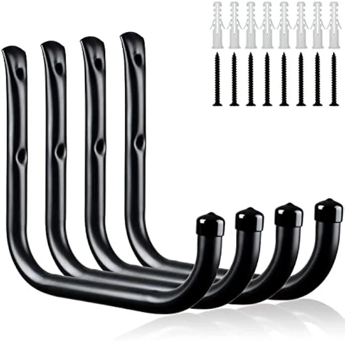Four black plastic-coated steel wall hooks, eight inches long, screw ends visible