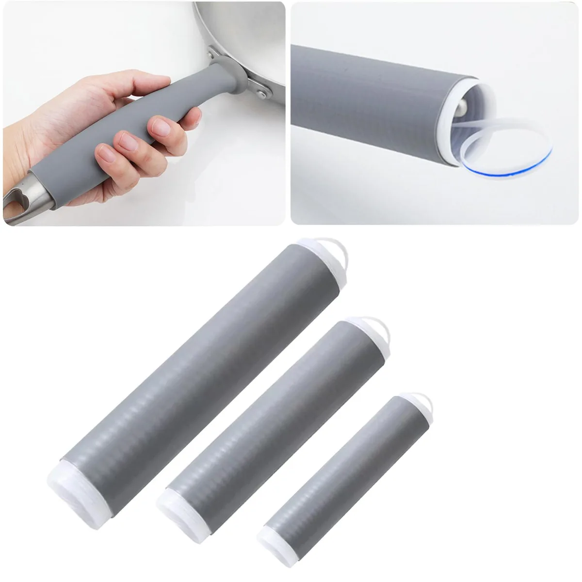 Three silicone pot handle covers in small medium large sizes self-retracting design heat resistant to 250°C 482°F